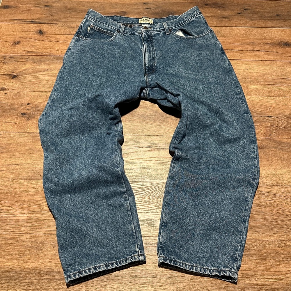 Vintage LL Bean Blue Flannel Lined Relaxed Fit Jeans Mens 38x29 Plaid Lining